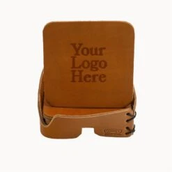 3.75" Genuine Leather Set Of 4 Square Coaster W/Holder