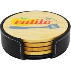 4 Pc. Round Bamboo Coaster Set With Bonded Leather Holder