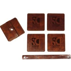 Watson Square PU Leather Coaster: 4 Piece Set In Holder