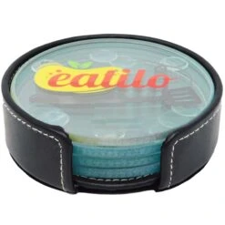 4 Pc. Glass Round Coaster Set With Bonded Leather Holder