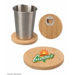 Union Printed - 4 Inch Round Bamboo Coaster With Beer Opener - Full-Color Logo