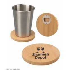 Union Printed - 4 Inch Round Bamboo Coaster With Beer Opener - 1-Color Logo